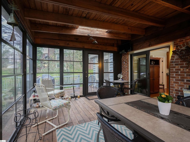 sunroom / solarium with beamed ceiling and wood ceiling