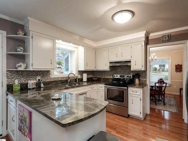 kitchen featuring stainless steel electric range oven, open shelves, ornamental molding, a sink, and under cabinet range hood