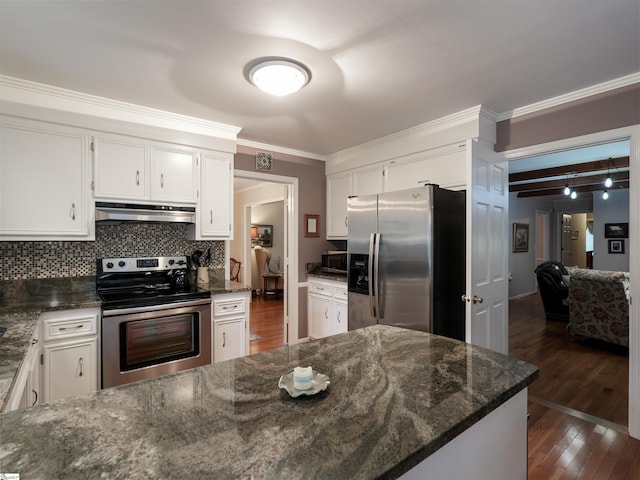 kitchen featuring dark wood finished floors, stainless steel appliances, under cabinet range hood, white cabinetry, and tasteful backsplash