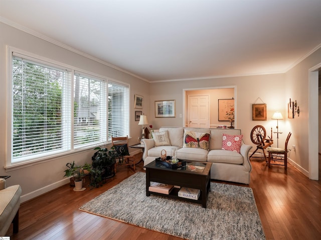 living area with crown molding, baseboards, and hardwood / wood-style flooring