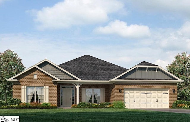 view of front of property with brick siding, board and batten siding, a front yard, a garage, and driveway