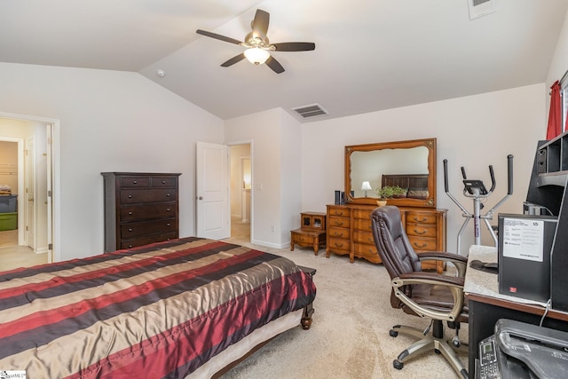 bedroom featuring visible vents, carpet flooring, ceiling fan, and vaulted ceiling