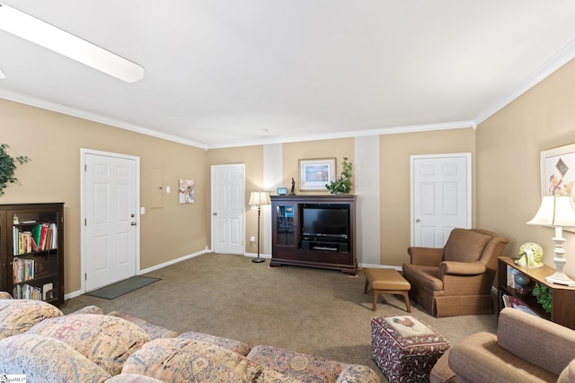 carpeted living area featuring baseboards and ornamental molding