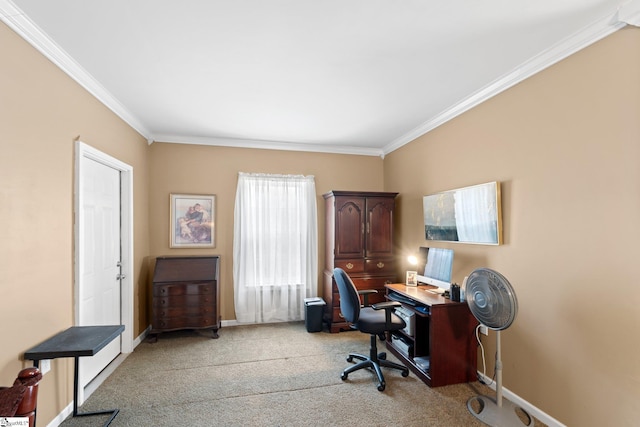 home office with baseboards, light carpet, and ornamental molding