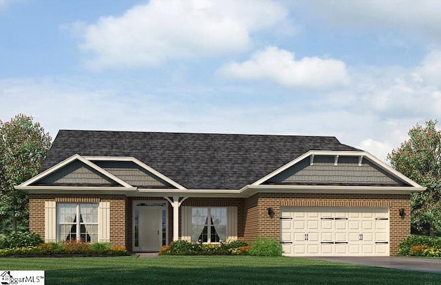 view of front of property with brick siding, an attached garage, and a front lawn