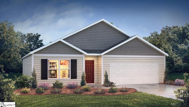 view of front of property with a front yard, concrete driveway, and an attached garage