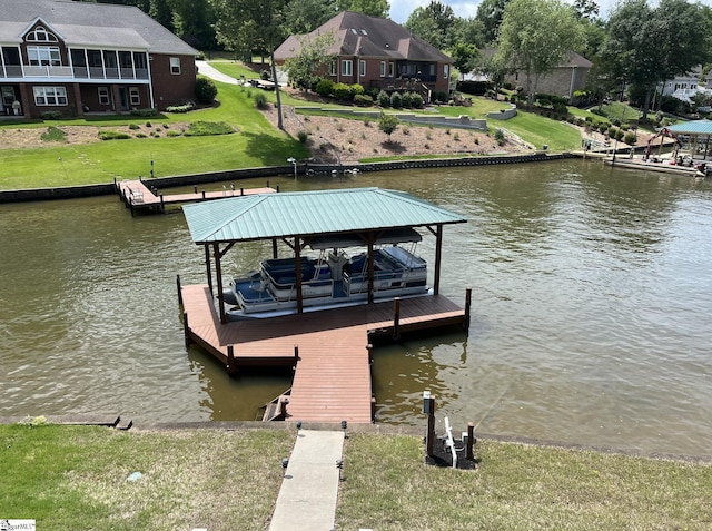 dock area featuring a water view, a residential view, and boat lift