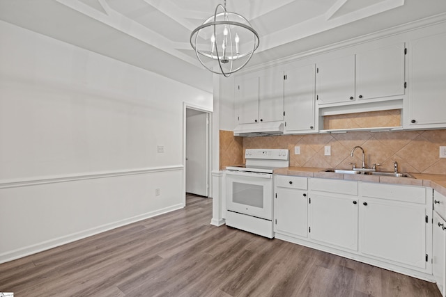 kitchen featuring a sink, under cabinet range hood, white cabinets, and white range with electric stovetop