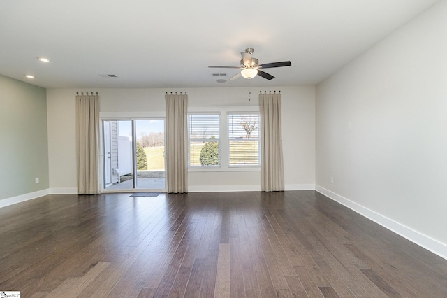 100 Outback Dr, Greer, SC 29650 - empty room featuring visible vents, dark wood finished floors, recessed lighting, baseboards, and ceiling fan