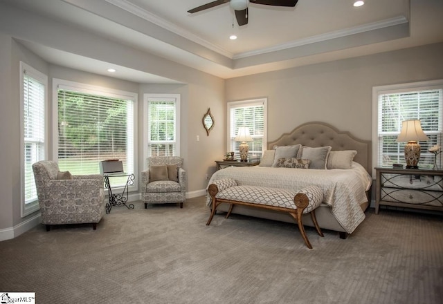 bedroom with multiple windows, crown molding, and a raised ceiling