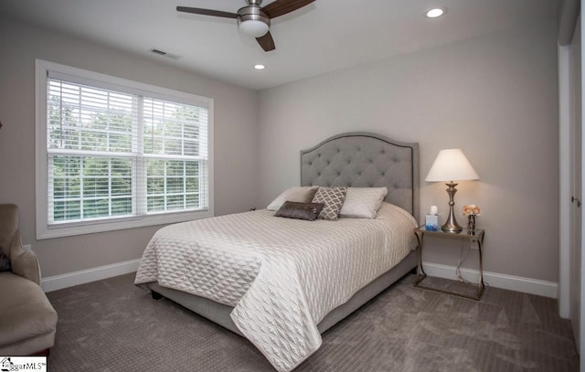 bedroom with recessed lighting, carpet flooring, baseboards, and visible vents