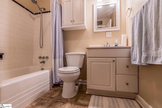 bathroom with tile patterned flooring, baseboards, toilet, shower / tub combo with curtain, and vanity