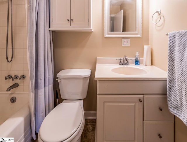 bathroom with vanity, shower / bath combination with curtain, and toilet