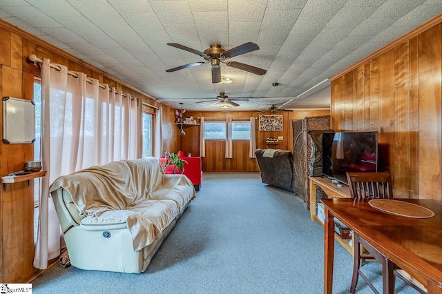 living area with carpet and wooden walls