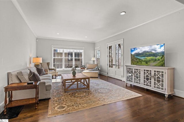 living area with crown molding, baseboards, recessed lighting, french doors, and wood finished floors