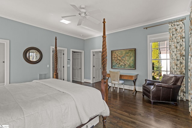 bedroom featuring visible vents, ceiling fan, baseboards, ornamental molding, and wood finished floors