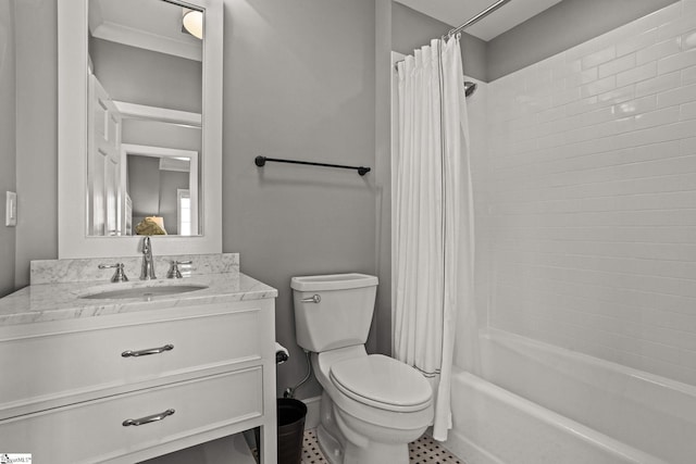 full bathroom featuring vanity, toilet, and shower / bathtub combination with curtain