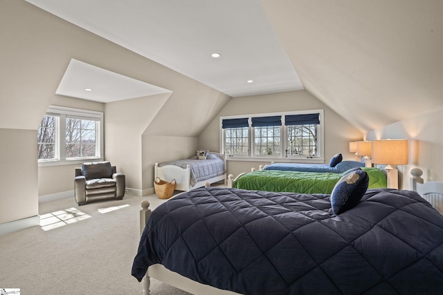 bedroom featuring vaulted ceiling, recessed lighting, baseboards, and carpet floors