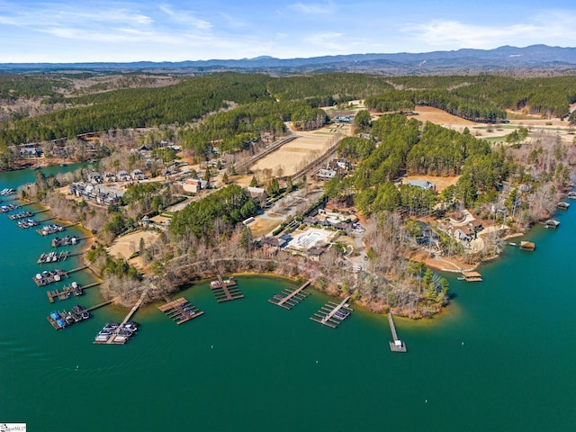 bird's eye view with a wooded view and a water and mountain view