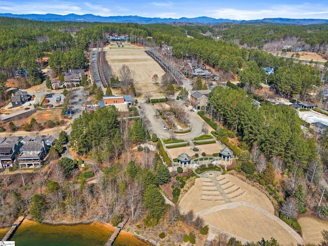 drone / aerial view with a forest view and a mountain view