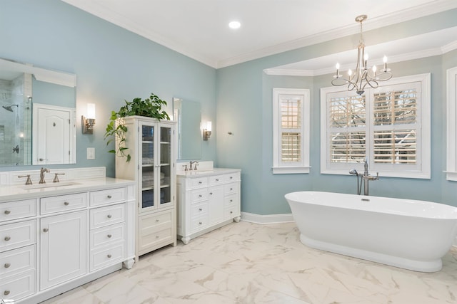 bathroom featuring vanity, crown molding, marble finish floor, and a stall shower