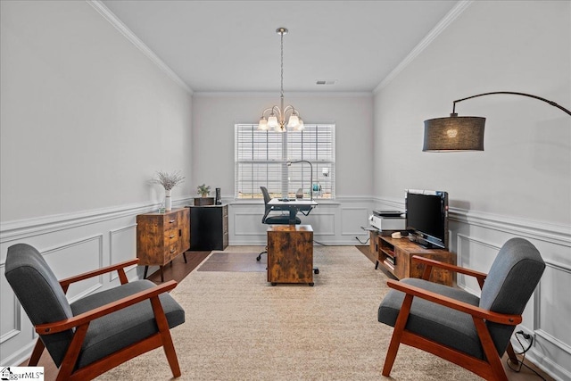 office area featuring visible vents, an inviting chandelier, ornamental molding, and wainscoting