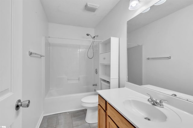 bathroom featuring tile patterned flooring, visible vents, toilet, shower / bath combination, and vanity