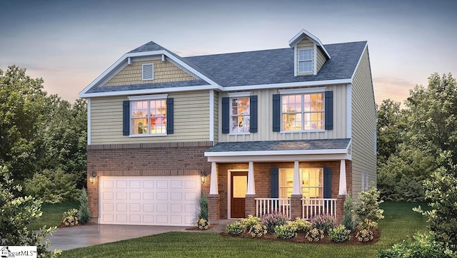 craftsman-style home featuring board and batten siding, covered porch, concrete driveway, a garage, and brick siding