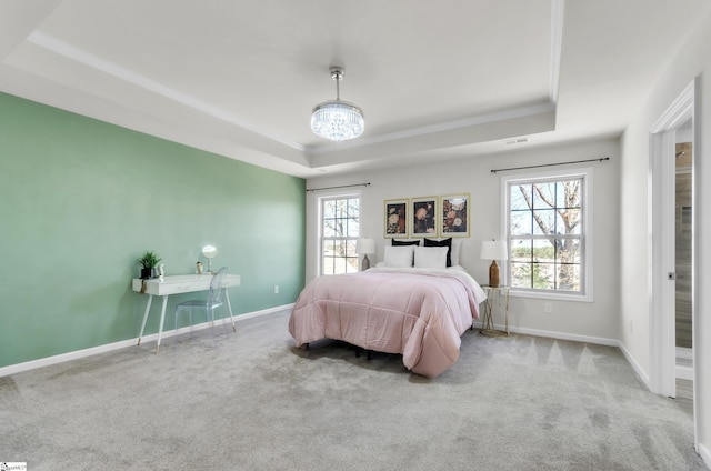 bedroom featuring multiple windows, baseboards, and a tray ceiling