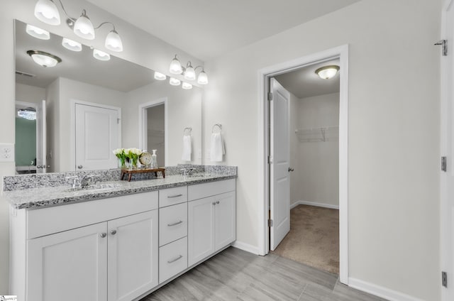 bathroom featuring double vanity, a walk in closet, and a sink