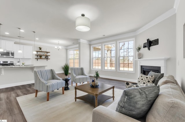 living area featuring crown molding, baseboards, a fireplace, an inviting chandelier, and dark wood-style flooring