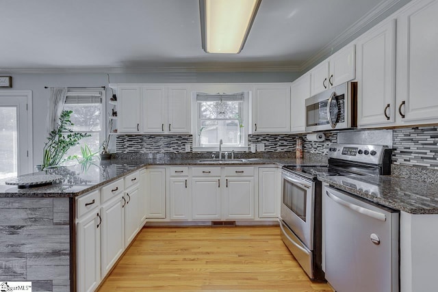 kitchen featuring a peninsula, white cabinets, appliances with stainless steel finishes, and a sink