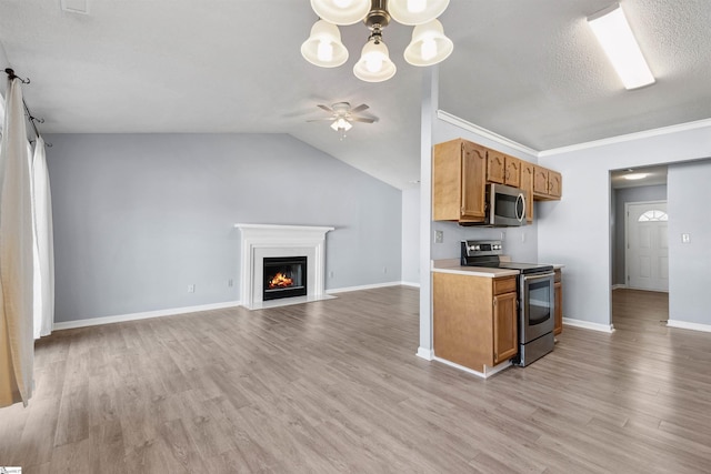 kitchen featuring ceiling fan, stainless steel appliances, light wood-style floors, a glass covered fireplace, and open floor plan