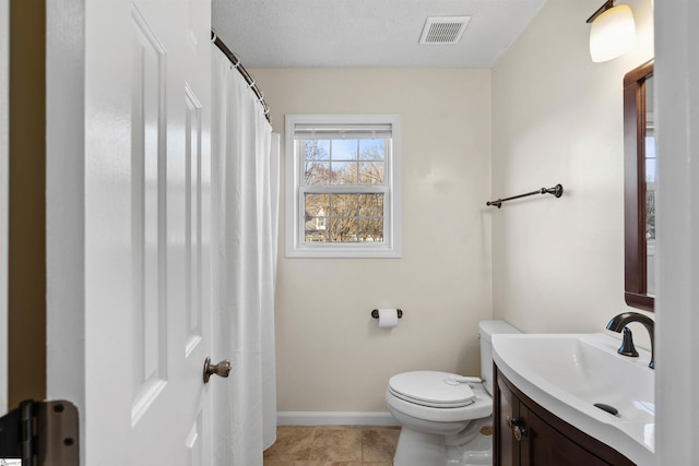 full bathroom with tile patterned floors, visible vents, toilet, baseboards, and vanity