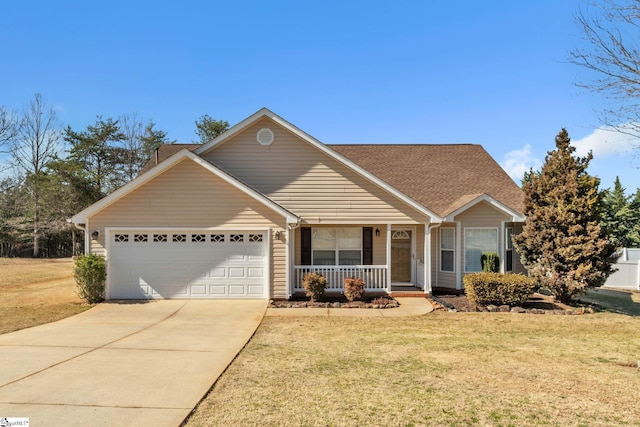 view of front of home featuring a front lawn, a porch, concrete driveway, roof with shingles, and a garage