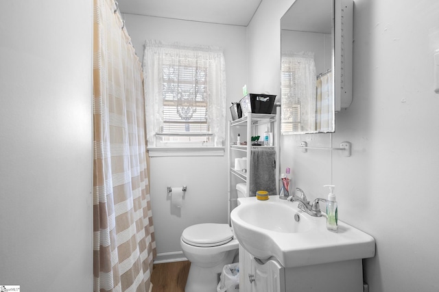 full bath featuring toilet, wood finished floors, and vanity