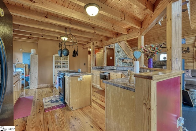 kitchen featuring light wood-type flooring, a spacious island, beam ceiling, wood ceiling, and black electric range oven