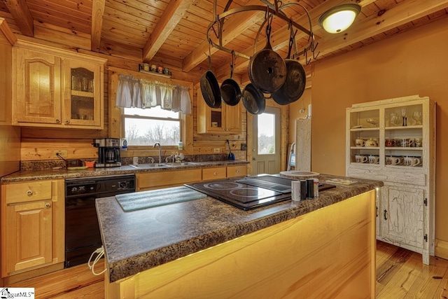 kitchen featuring a sink, black dishwasher, dark countertops, and wooden ceiling