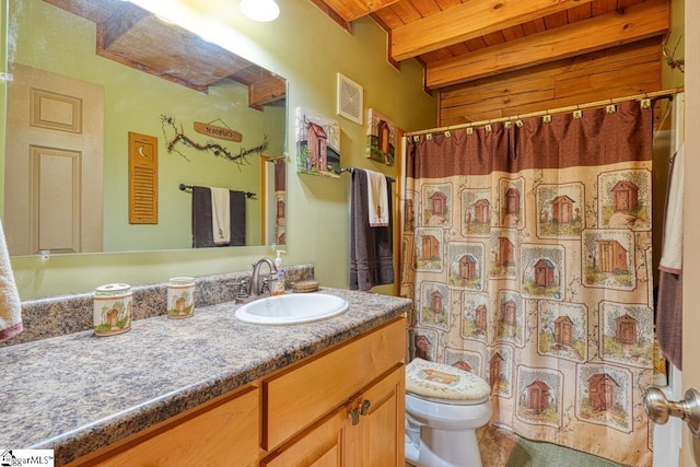 full bath featuring beamed ceiling, toilet, curtained shower, wooden ceiling, and vanity