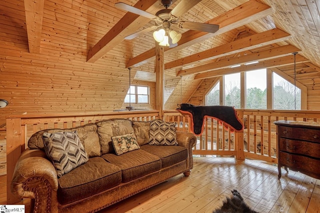 living area featuring wood walls, lofted ceiling with beams, wooden ceiling, hardwood / wood-style flooring, and a ceiling fan