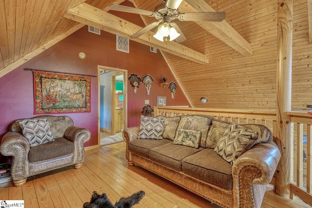 living room with visible vents, wood ceiling, lofted ceiling with beams, and hardwood / wood-style floors