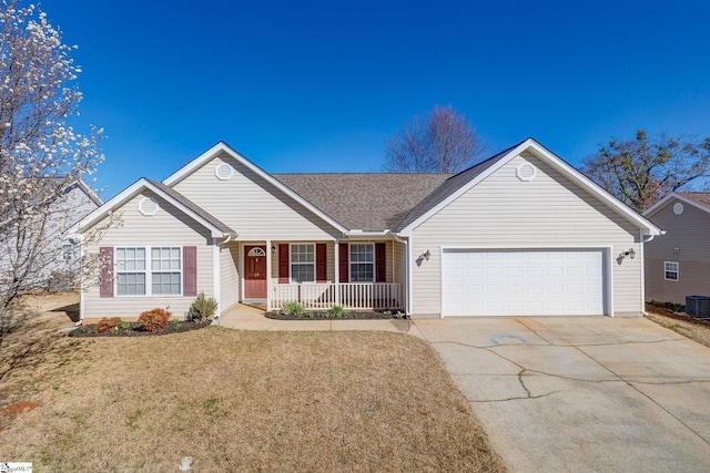 single story home with a porch, an attached garage, central AC, concrete driveway, and a front lawn