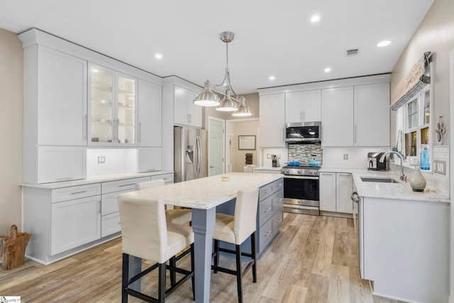 kitchen with visible vents, a sink, a center island, white cabinetry, and stainless steel appliances