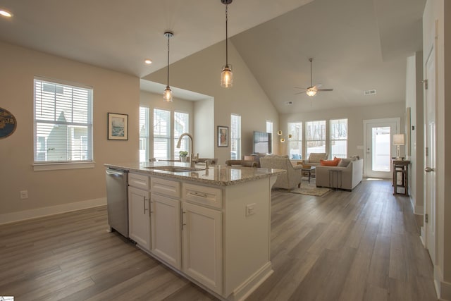 kitchen with dishwasher, plenty of natural light, wood finished floors, and a sink