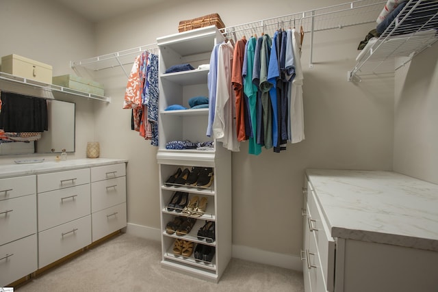 spacious closet featuring light colored carpet