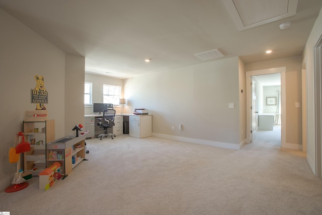 home office featuring recessed lighting, light colored carpet, visible vents, and baseboards