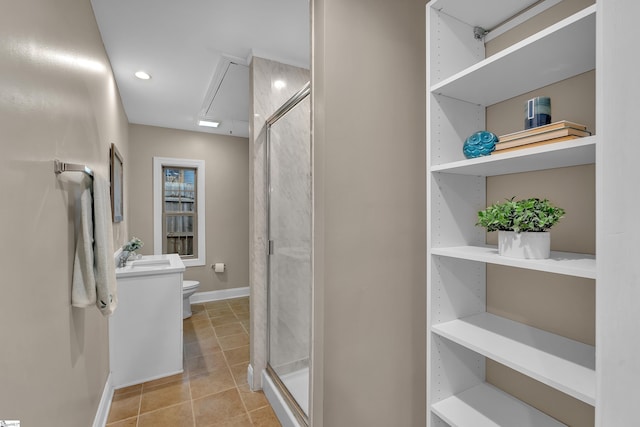 full bath featuring tile patterned floors, toilet, a stall shower, a sink, and recessed lighting