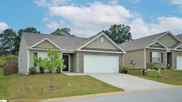 ranch-style home with brick siding, a front lawn, roof with shingles, a garage, and driveway