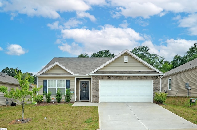 single story home featuring concrete driveway, an attached garage, brick siding, and a front lawn