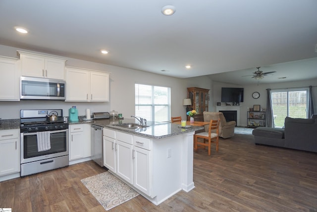 kitchen featuring a sink, open floor plan, stainless steel appliances, a peninsula, and a fireplace